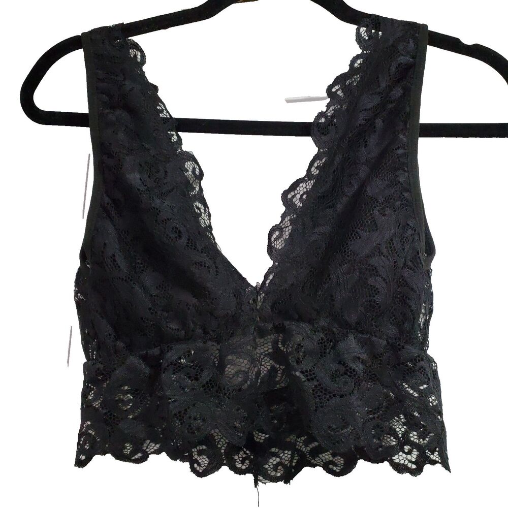 Lacy Bralette Size S Black Lace Strappy Lined Sheer Stretch Waist